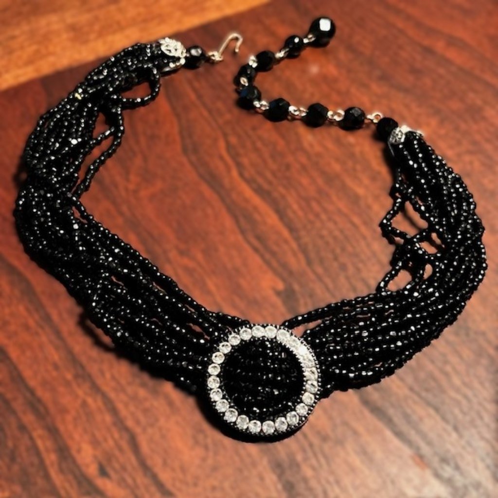 Vintage Laguna Beaded Choker Necklace Faceted Rhinestone Black Silver 1950's Mcm